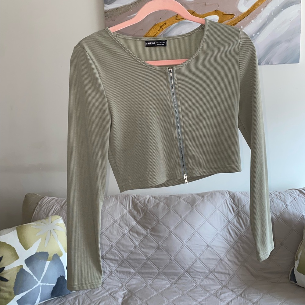 SHEIN Green Long-sleeve Zip-down Top